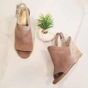 Stuart Weitzman Slingback Sandals Taupe Suede Leather Heels Cork Wedge Shoes